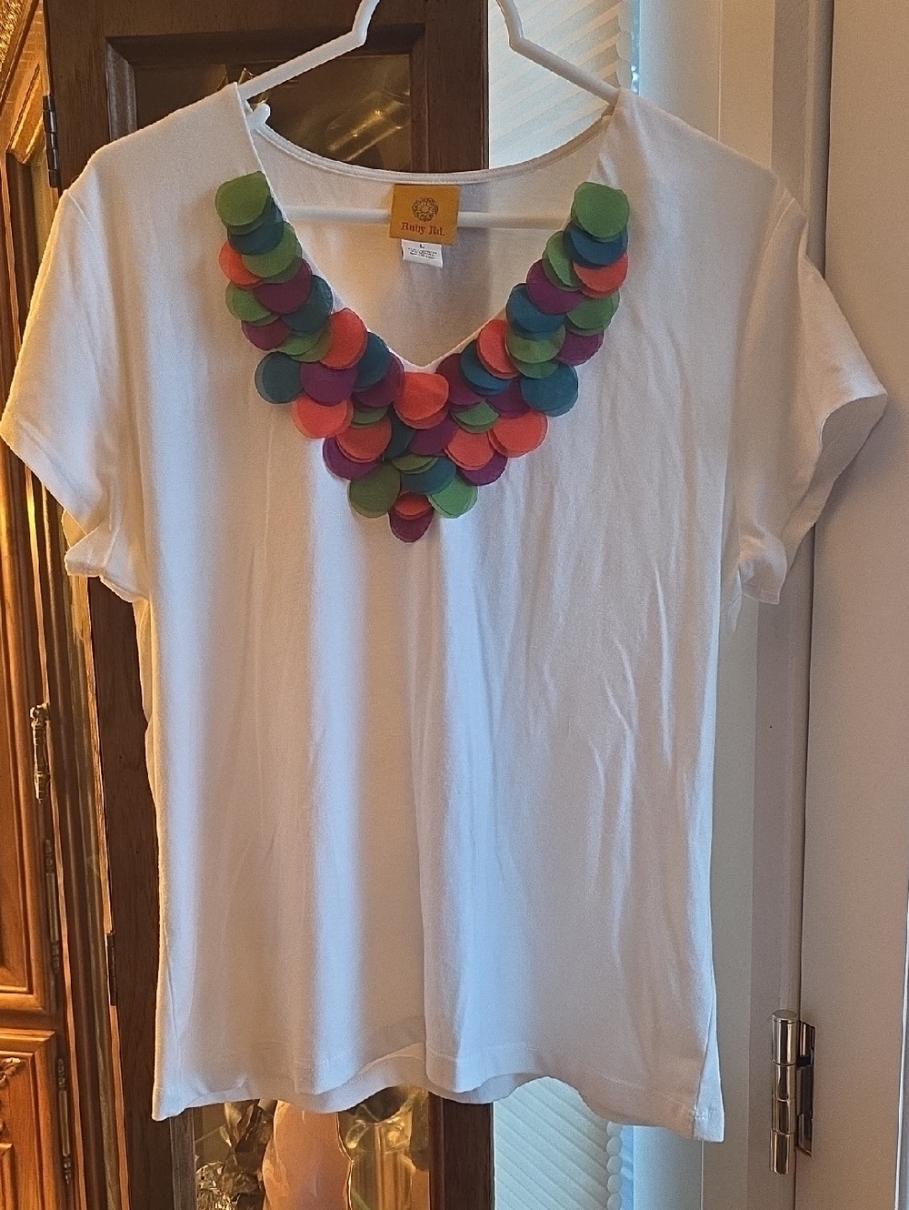 Ruby Rd. White Tee with Multicolor Disc Neckline